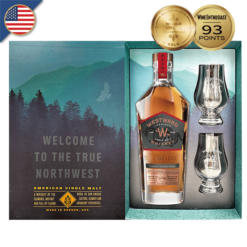 AMERICAN WESTWARD SINGLE MALT STOUT CASK LUNAR NEW YEAR 2024 LIMITED YEAR OF THE DRAGON 46% BOX